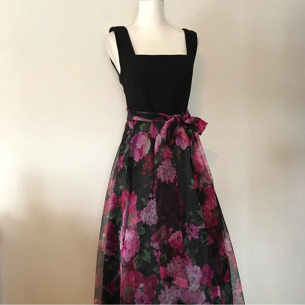 Eliza J Floral Black Pink Sleeveless Square Neck Tulle Maxi Dress 8 - Picture 6 of 16